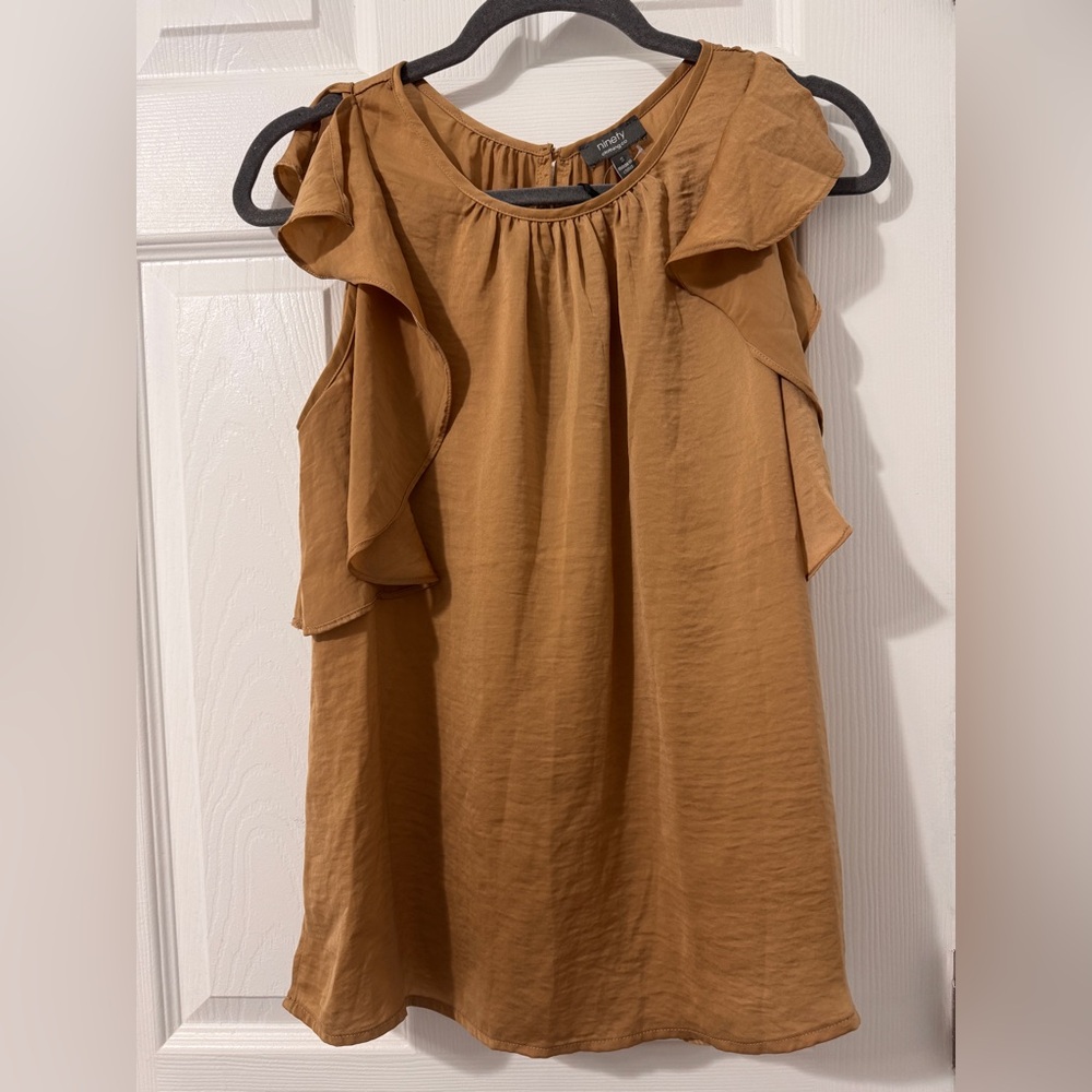 Ruffled Sleeveless Blouse in Tan
